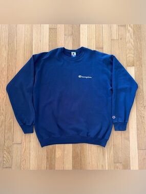 Vintage 90s Champion Crewneck Sweatshirt Large Blue Cursive Spellout Y2K Baggy